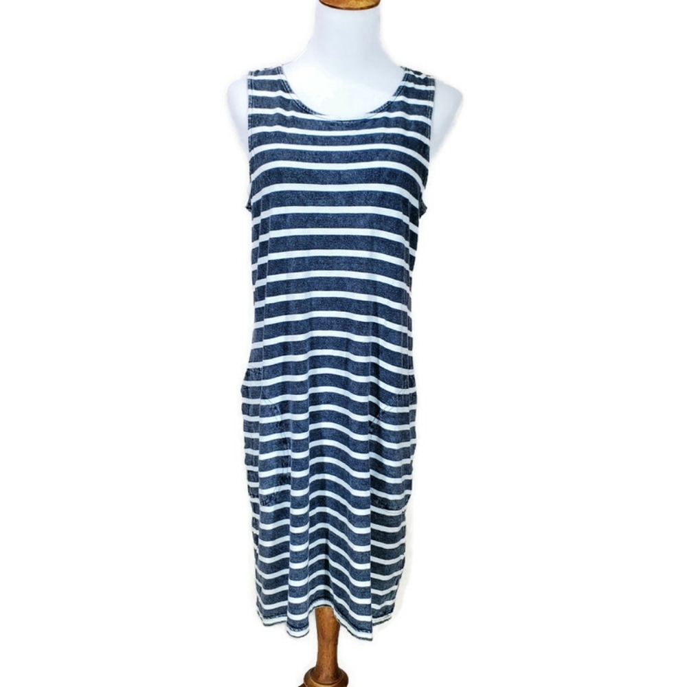 Jane and Delancey Womens Navy White Sleeveless Striped Cotton Dress Pockets SZ M
